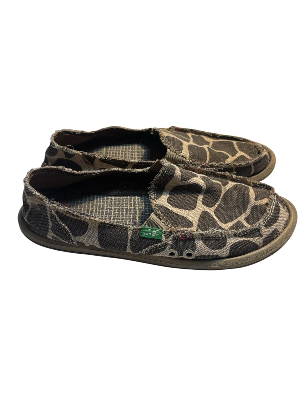 Sanuk Canvas Shoes Size 7 Slip-On Flats Brown Giraffe Animal Print Hemp Loafers - Picture 3 of 13